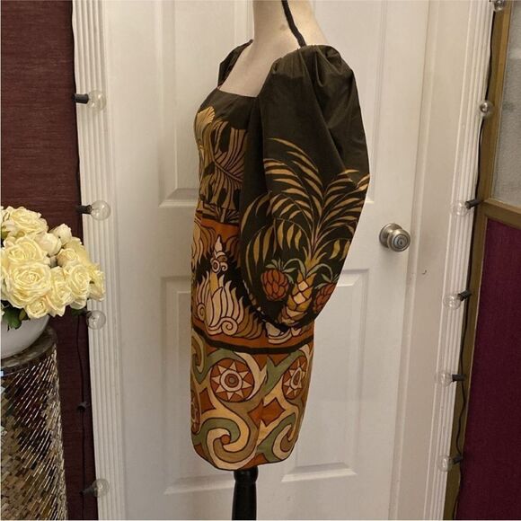 Johanna Ortiz Elegant Brown and Orange Patterned puffy sleeves mini Dress, US8 - Picture 10 of 14